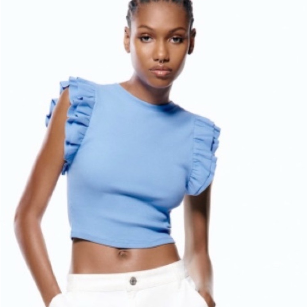 Zara Light Blue Ruffle Sleeve Blouse SMALL
